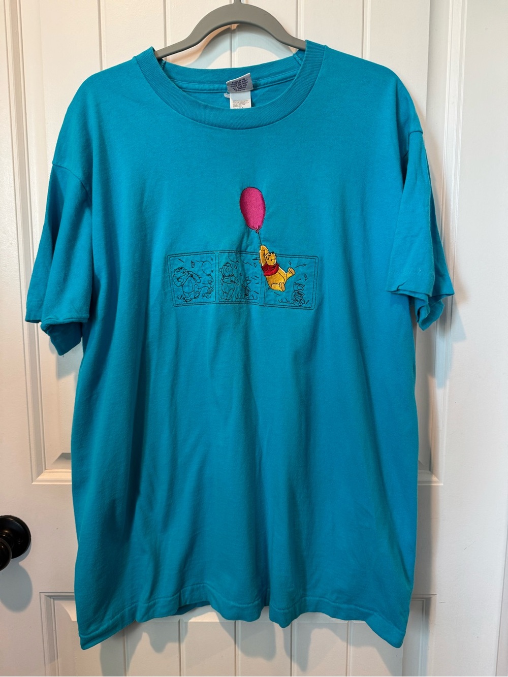Vintage Winnie the Pooh Teal Embroidered Graphic Tee with Pink Balloon